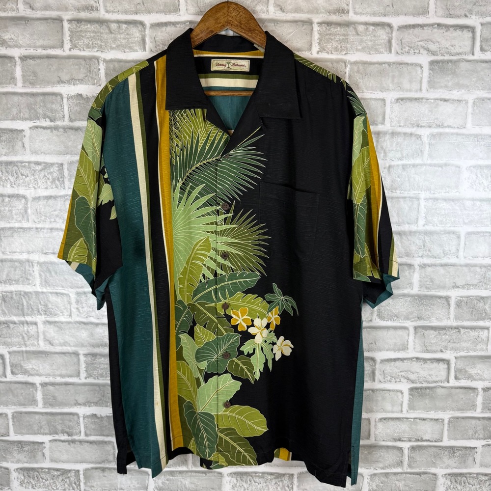 Tommy Bahama Mens Large Silk Tropical Palm Floral Camp Shirt Black Green Striped
